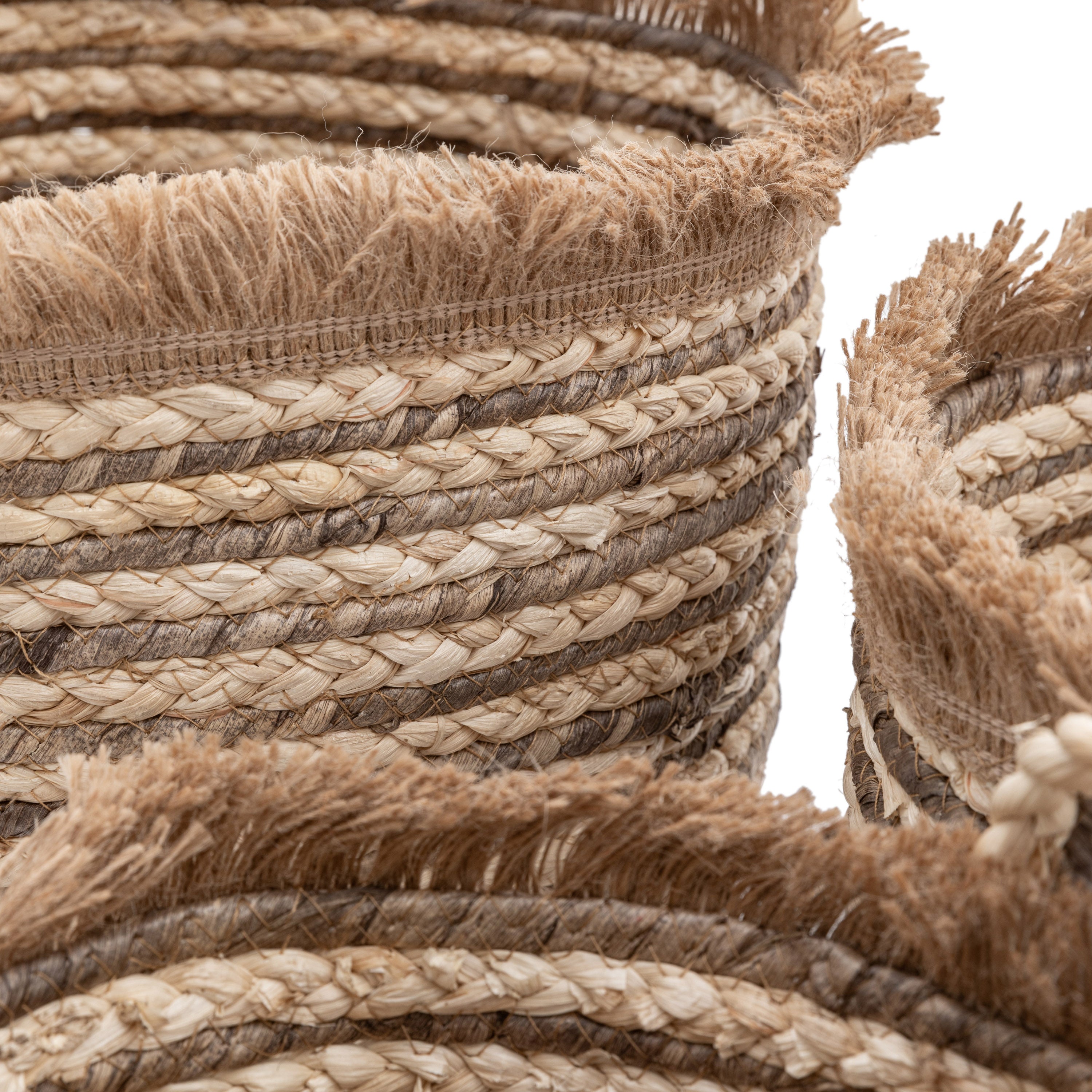 Set of 3 Fringed Woven Baskets Brown Stripe